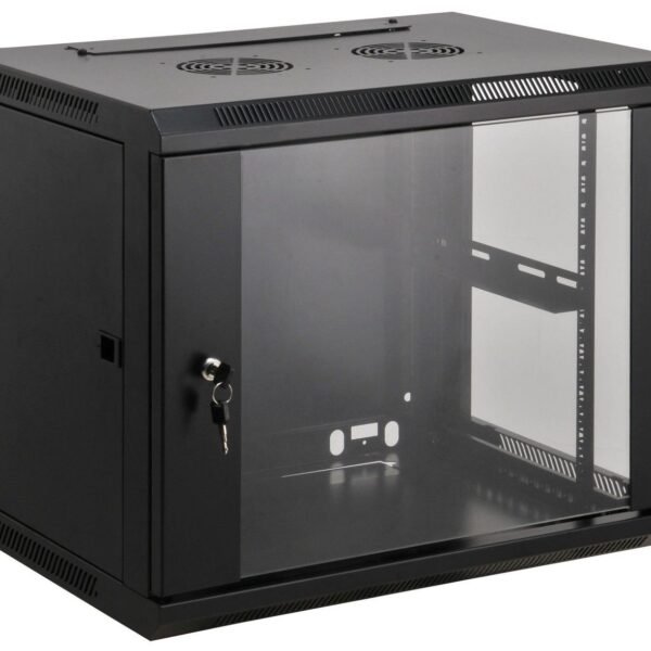 19" Wallmount Cabinet Network Cabinet, Wall Mount  (Standard), 15U, 450mm Deep, Black, Assembled, Max 60kg, Metal & Glass Door,