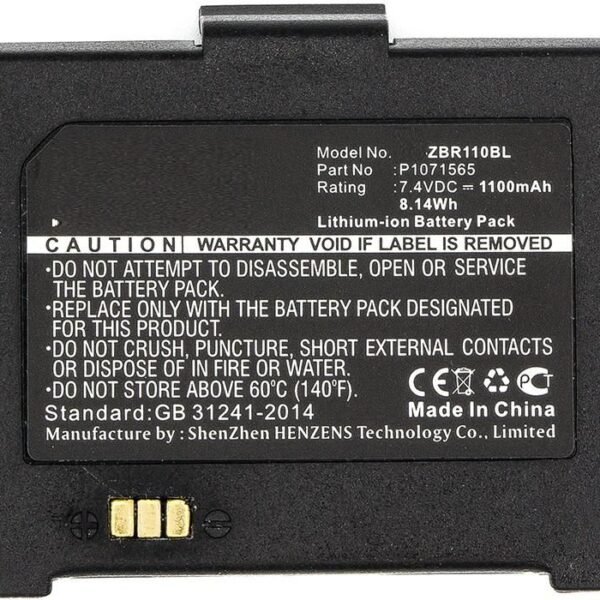 Battery for Zebra Printer 8.14Wh Li-ion 7.4V 1100mAh Black, P1070125-008, P1071565