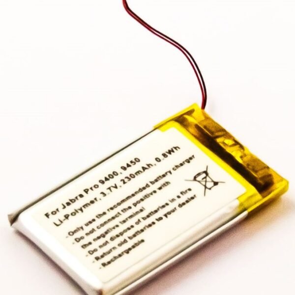 Battery for Jabra Headset  0.85Wh Li-Pol 3.7V. 230mAh  0.85Wh Li-Pol 3.7V. 230mAh Jabra Pro 9400, Pro 9450, Pro 9460, Pro 9465, Pro