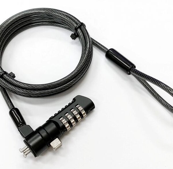 Security lock with 4-wheel  combination for Nano Slot  ?4.5mm x 180cm Cut-resistant 7x7 twisted strand carbon steel, Black