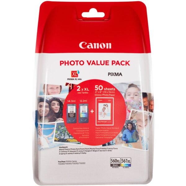 Pg-560Xl Black And Cl-561Xl  Colour Ink Cartridge + Photo  Paper Value Pack