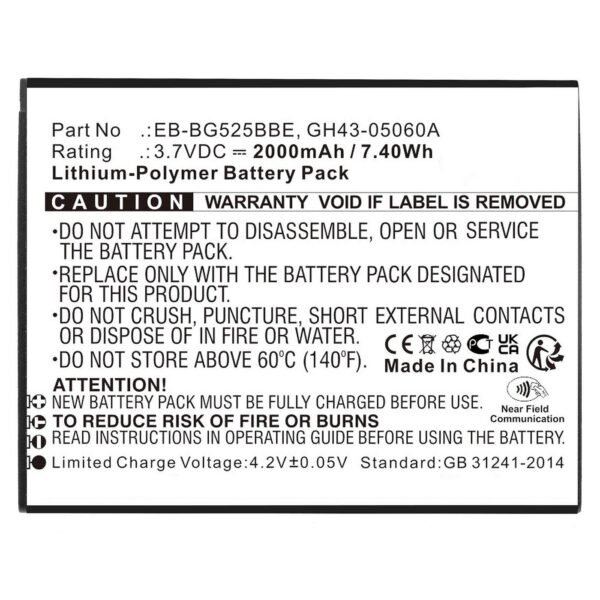 Battery 7.40Wh Li-Pol 3.7V  2000mAh for Samsung Mobile,  SmartPhone