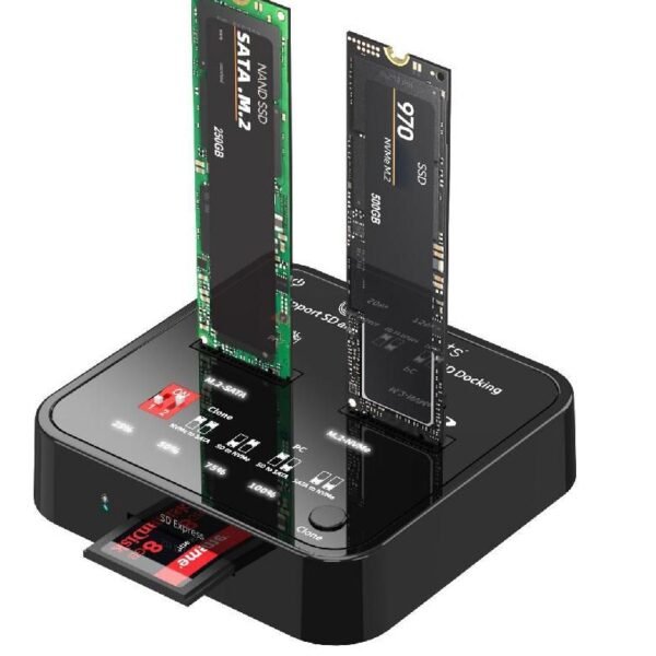 USB3.2 Type-C (10Gbps) M.2  SATA/NVMe SSD Clone Docking  with SD express card reader - Box includes USB-C Cable, Power Supply and user