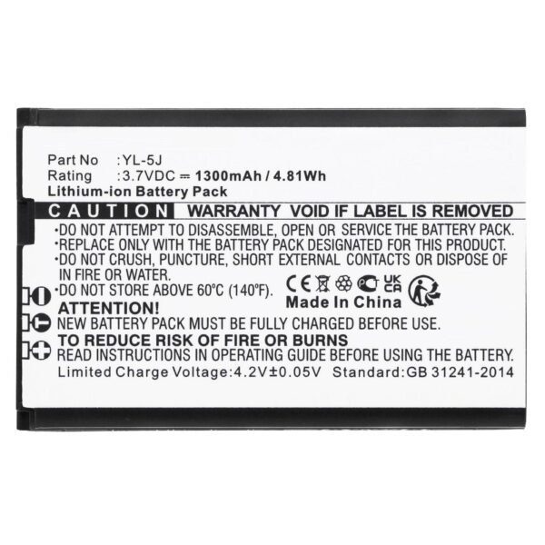 Battery 4.81Wh Li-ion 3.7V  1300mAh Black for Cordless  Phone 4.81Wh Li-ion 3.7V 1300mAh Black for Yealink Cordless Phone One Talk IP