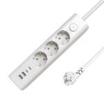 3-way USB Schuko Power Strip  on/off switch 1.5M, White