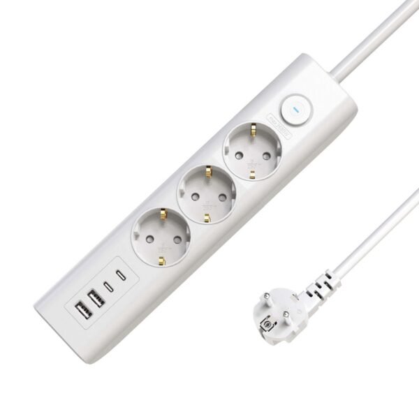 3-way USB Schuko Power Strip  on/off switch 1.5M, White