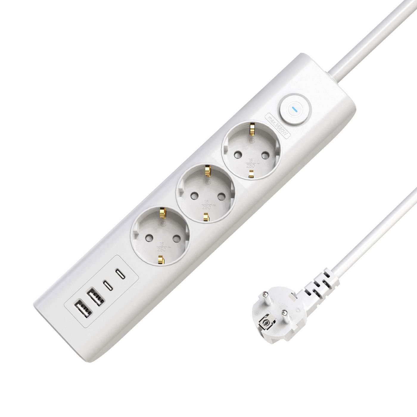 Img_34653303.jpg 3-way USB Schuko Power Strip on/off switch 1.5M, White - Image 1