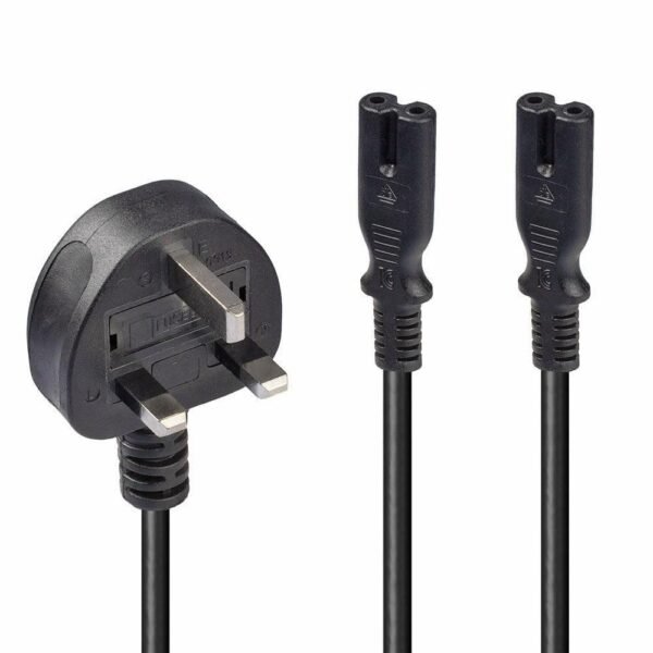 2.5m Y Mains Power Cable UK 3  Pin Plug to 2 x IEC C7