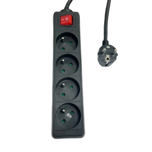 4-way Power Strip on/off  switch French Type E, 5m  Black