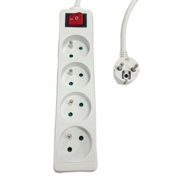 4-way Power Strip on/off  switch French Type E, 5m  White