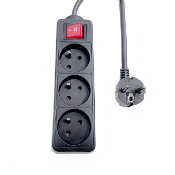 3-way Power Strip on/off  switch French Type E, 1.5m  Black