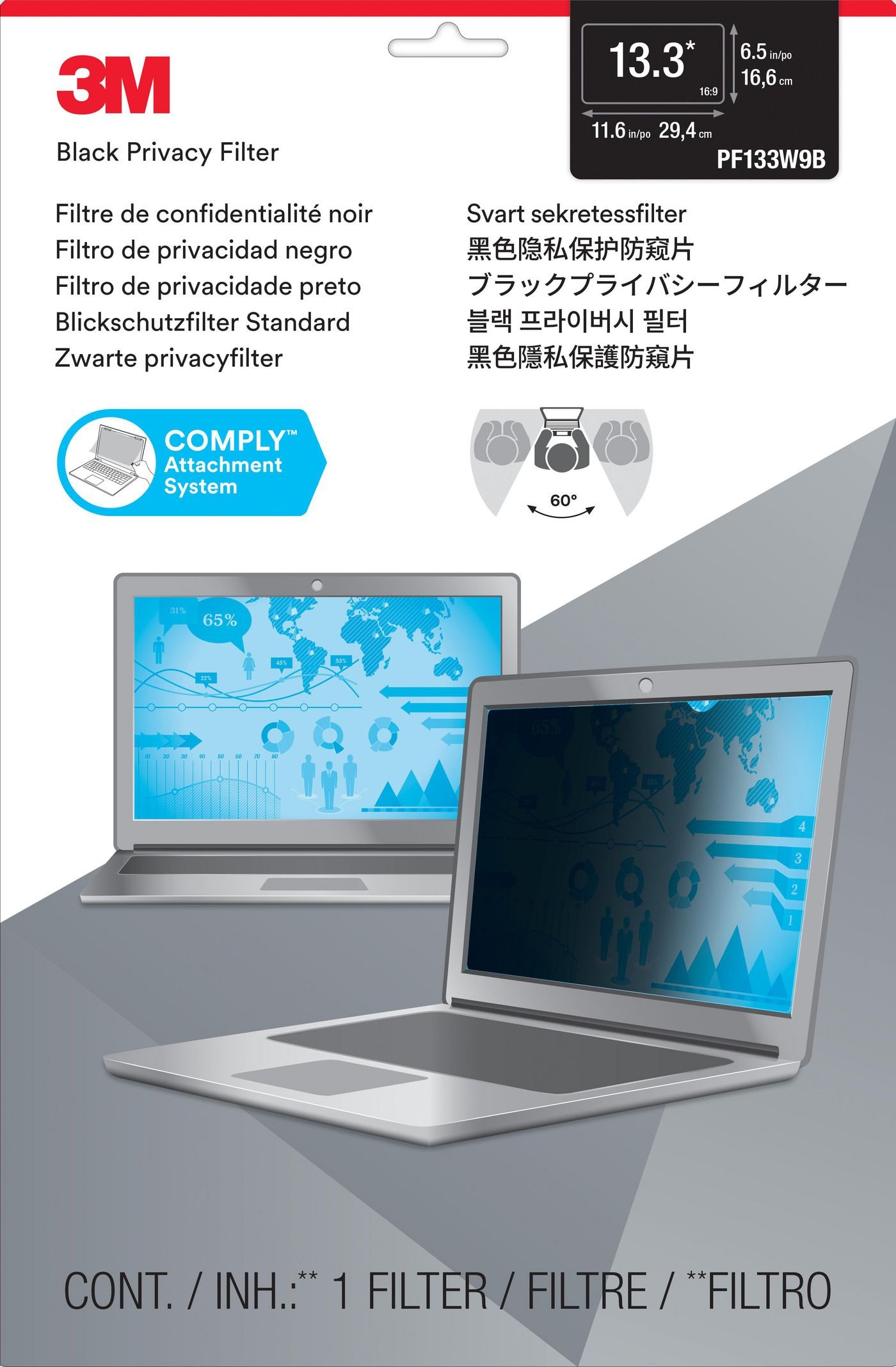 Img_9209725.jpg Privacy Filter 13.3" 16:9 COMPLY AntiGlare, Frameless, Black - Image 1